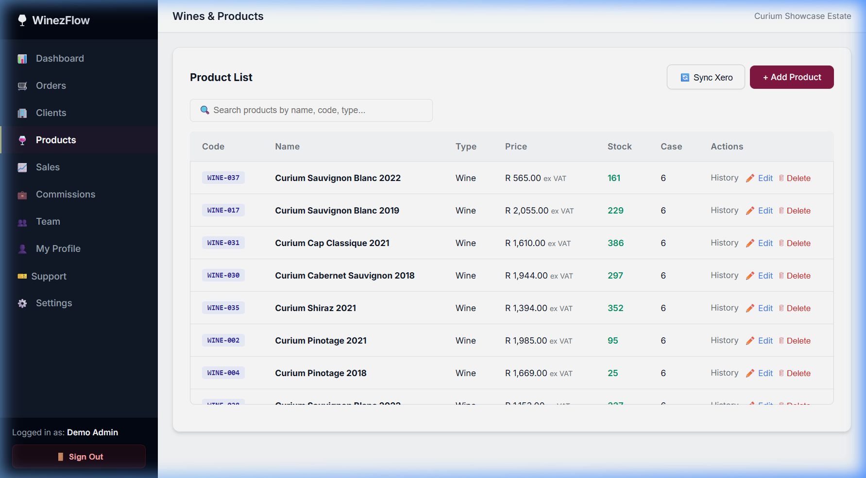 WinezFlow products and SKU screen